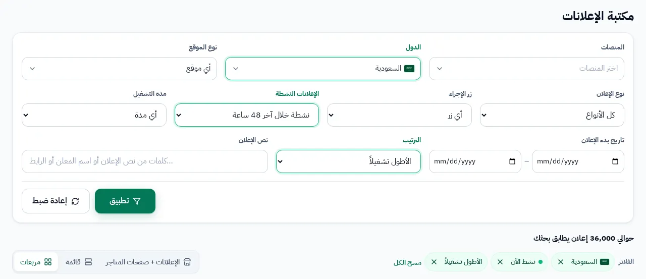 GccFY: إعلانات الخليج التجارية بفلاتر الدولة والمتجر ونوع الإعلان ومدة التشغيل.