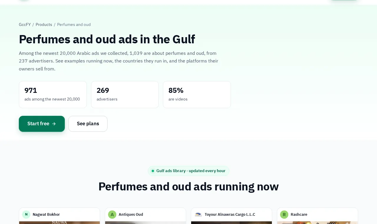 A category page on GccFY: ads and advertisers, countries and platforms, and live examples.