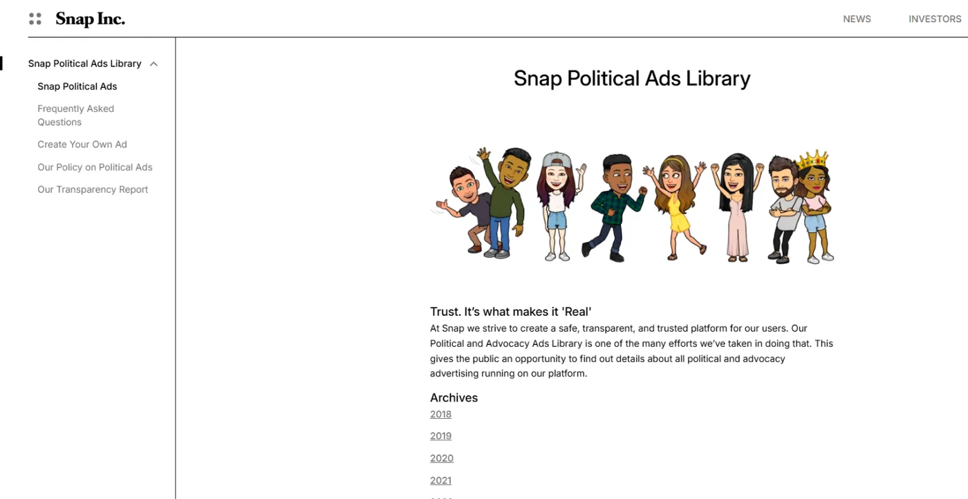 Snap's Political Ads Library: a yearly archive, no search of commercial ads.